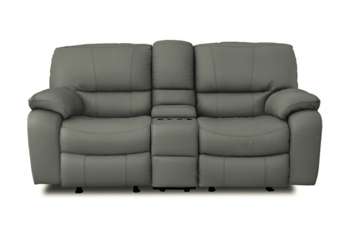 Picture of Madras Grey Leather Reclining Console Loveseat